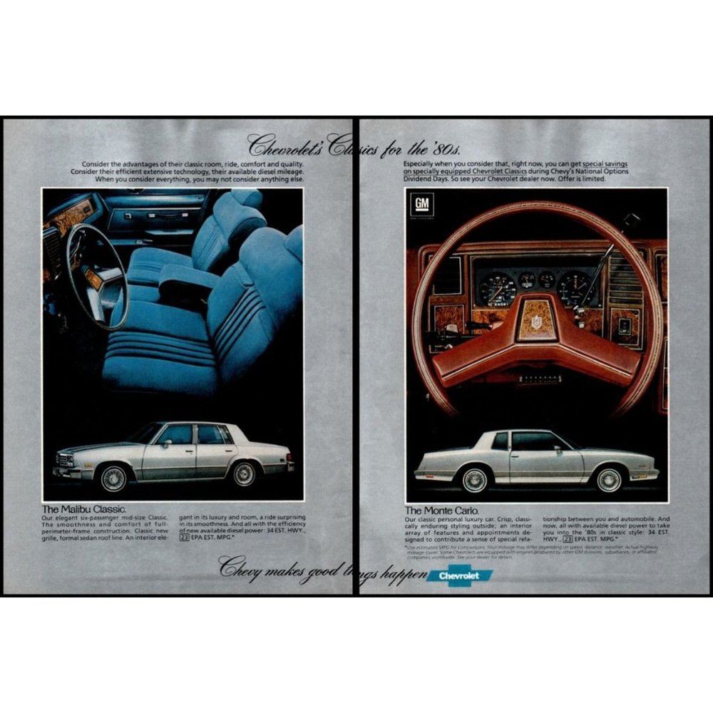 1982 Chevy Malibu and Monte Carlo 2 Page Vintage Print Ad 80s Cars Wall Art